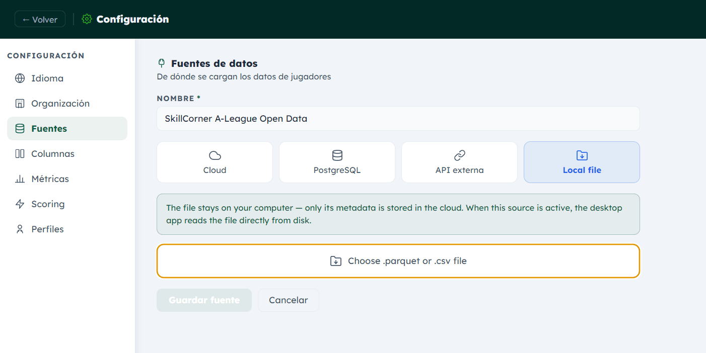 Data source configuration screen in Smart Scouting System, with the local file option selected