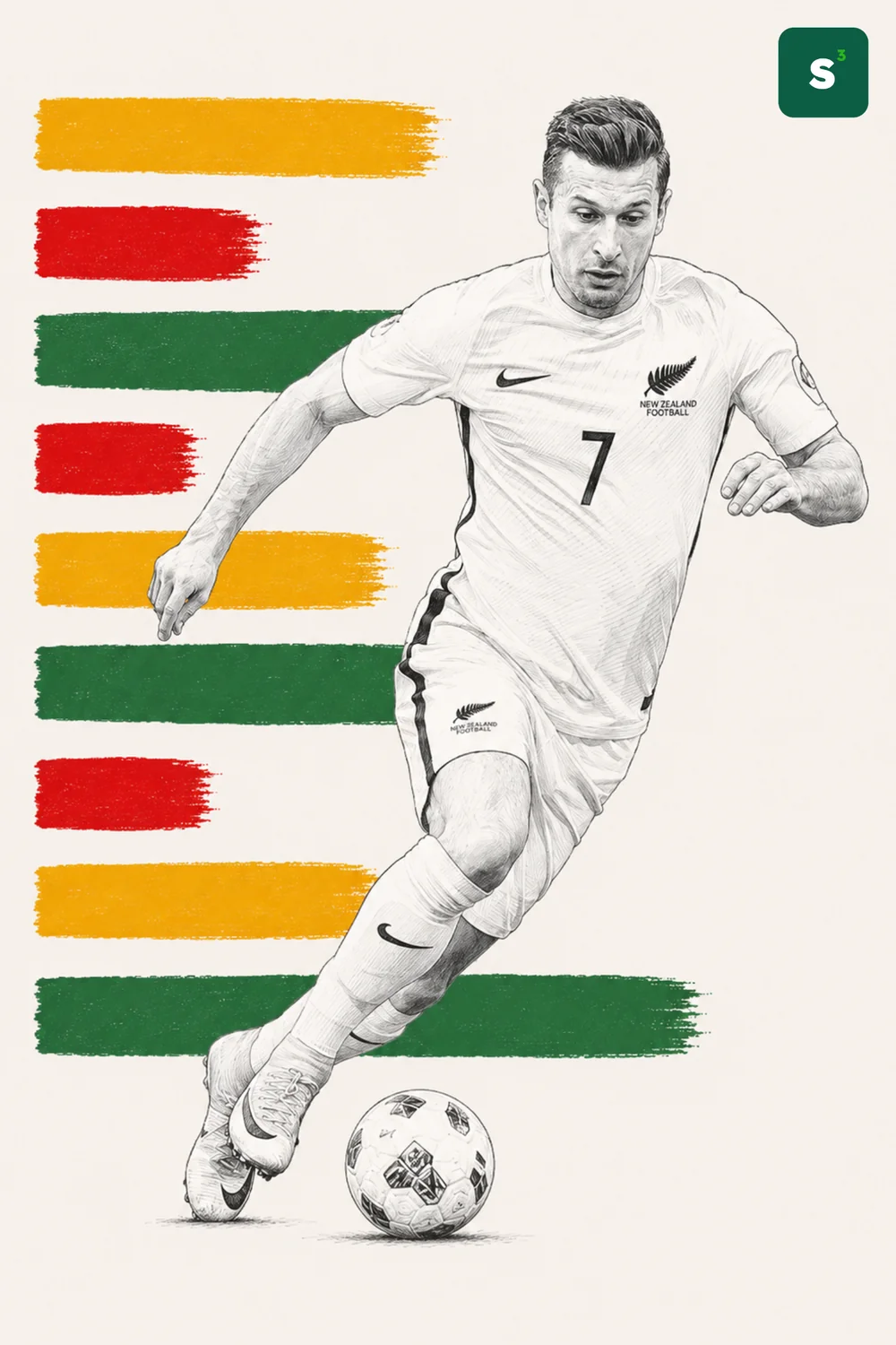 Pencil illustration of Kosta Barbarouses wearing the New Zealand kit