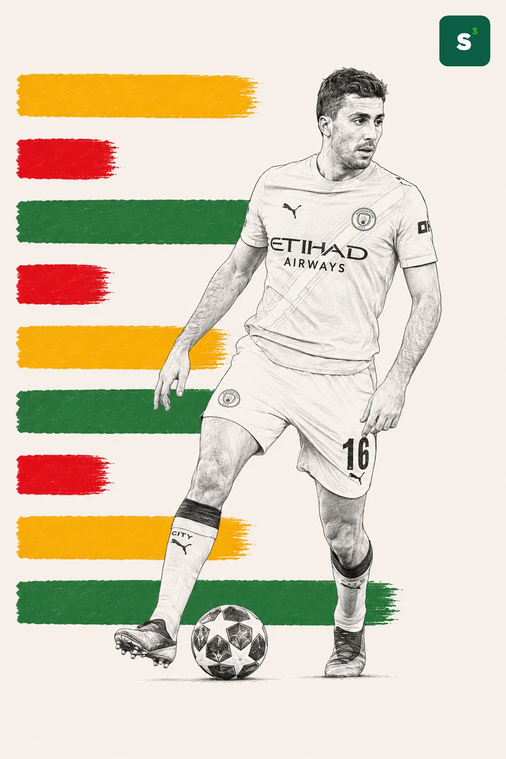 Ilustración a lápiz de Rodri con la camiseta del Manchester City